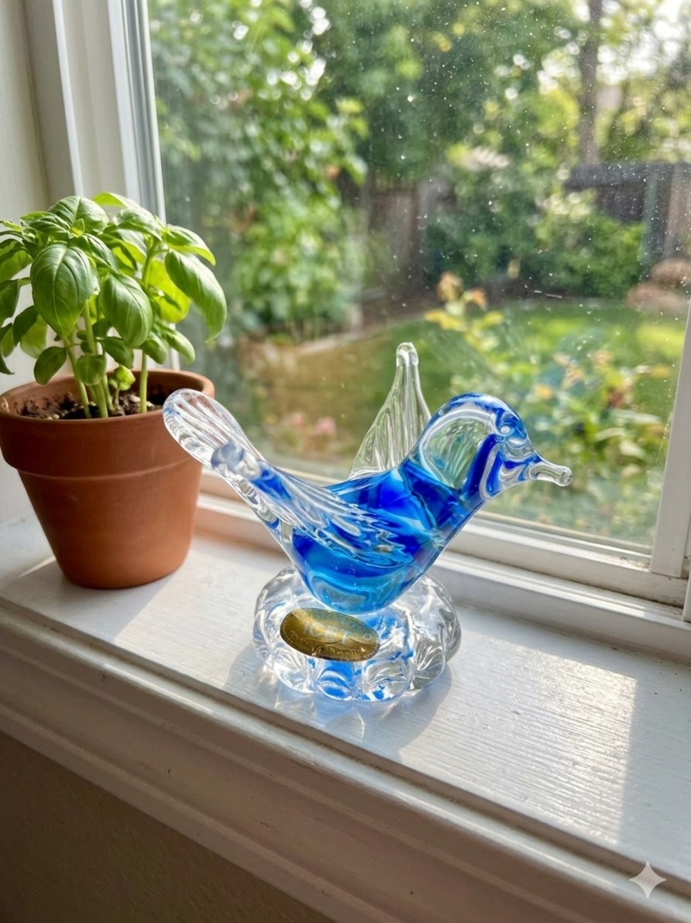 Vintage Signed Blue Sommerso Art Glass Bird Figurine Foil Label